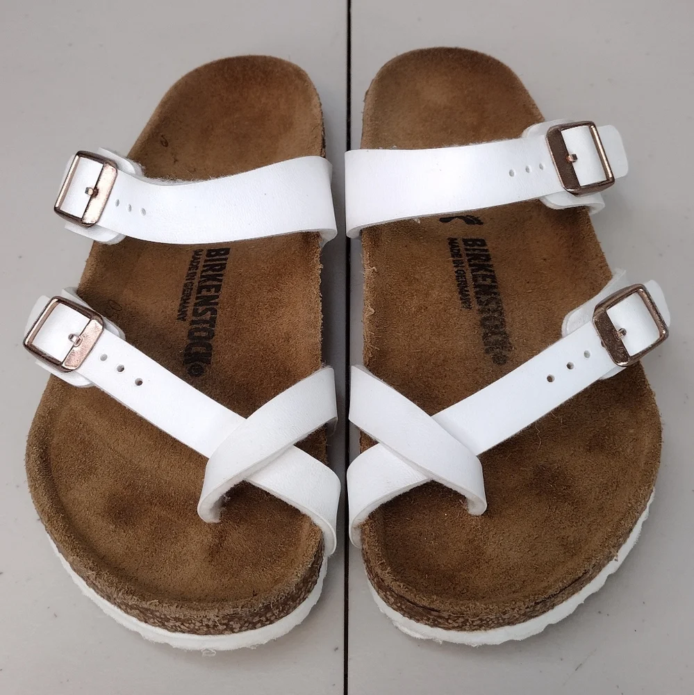 Birkenstock Kids White Two-Strap Cork Footbed Sandals with Rose Gold Buckles